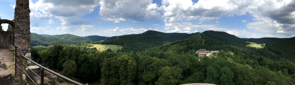 Der Blick vom Dach der Burg Fleckenstein in die bewaldeten Hügel. Der Blick vom Dach der Burg Fleckenstein in die bewaldeten Hügel.