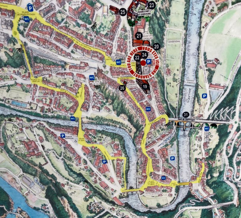 Unser Weg auf der Standardroute durch die Altstadt von Fribourg. Unser Weg auf der Standardroute durch die Altstadt von Fribourg.