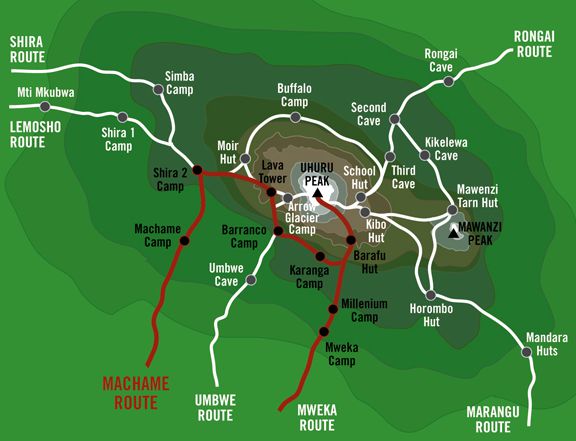 Die verschiedenen Routen am Kilimandscharo. Die verschiedenen Routen am Kilimandscharo.
